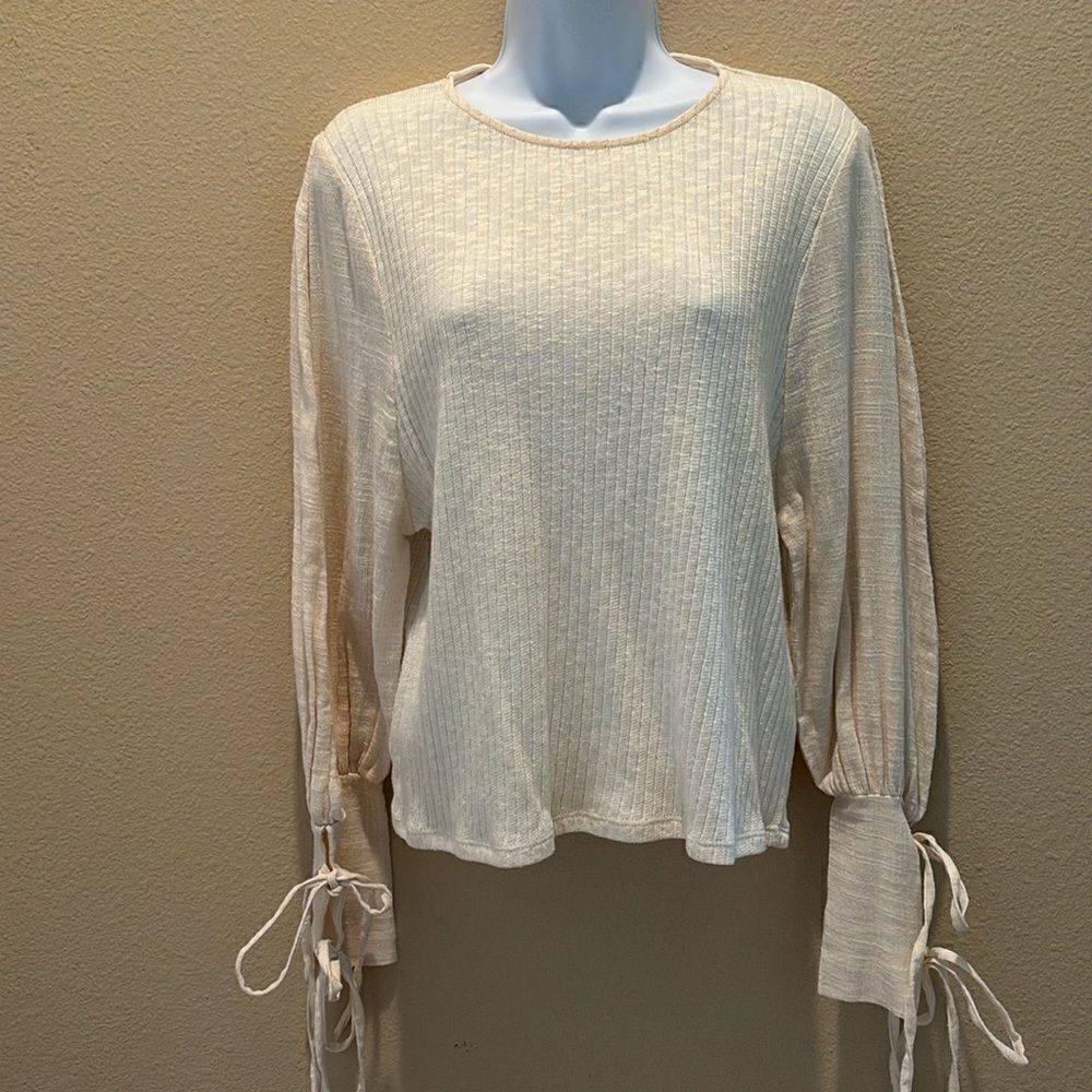 Zara‎ Cream sweater ribbed knit long balloon linen sleeves tie shirt size medium